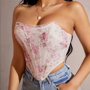 Elegant Pink Floral Strapless Crop Top